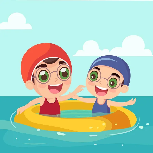 Happy Two Boys Character Wear Goggles Swimming Inflatable Ring Water — Stock Vector
