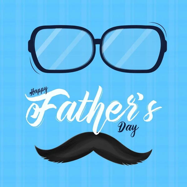 グリーティングカードやポスターデザインのための青いタータンの背景に眼鏡と口ひげを持つ幸せな父の日の書道テキストメッセージ — ストックベクタ