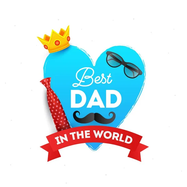 世界最佳爸爸奖颁发的海报设计与金冠和蓝色心形的男性嬉皮士 父亲节快乐 — 图库矢量图片