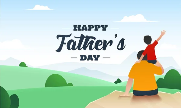幸せな父の日のお祝いのための美しい自然の背景に父親の肩に座って息子のバックビュー バナーデザイン — ストックベクタ