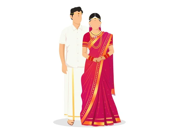 Casamento Indiana Sul Sem Rosto Personagem Casal Saree Veshti Acordo — Vetor de Stock