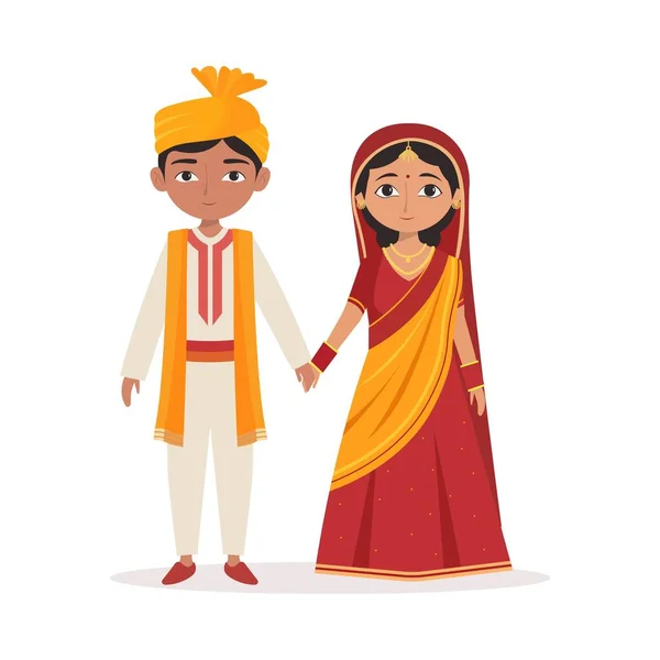 Χαριτωμένο Γάμο Ζευγάρι Χαρακτήρα Στέκεται Στην Παραδοσιακή Ενδυμασία — Διανυσματικό Αρχείο