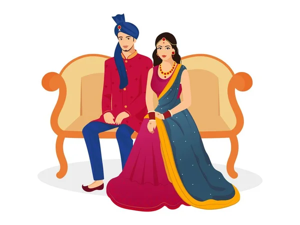 Casamento Indiano Feliz Personagem Casal Sente Sofá Traje Tradicional — Vetor de Stock