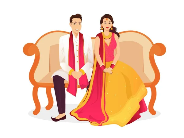 伝統的な服装でソファに座って幸せなインドの結婚式のカップルの文字 — ストックベクタ