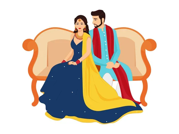 Personaje Pareja Boda India Feliz Sentarse Sofá Traje Tradicional — Vector de stock