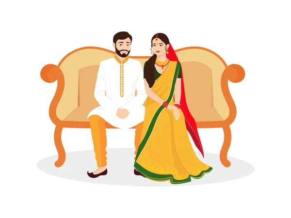根据他们的文化 快乐的印度人婚礼夫妻坐在萨里和谢瓦尼岛的索法岛上 — 图库矢量图片