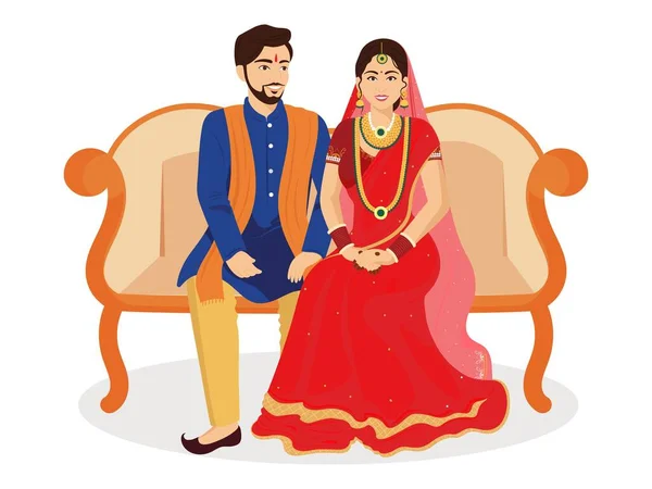 Happy Indian Wedding Couple Character Sit Sofa Saree Sherwani According — Stock Vector