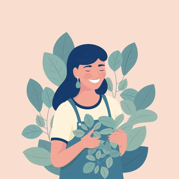 緑の葉の中の幸せな女性のキャラクターの肖像 — ストックベクタ