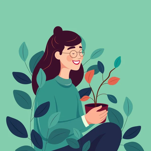 庭に植えられた幸せな女のキャラクター保持植物の肖像 — ストックベクタ