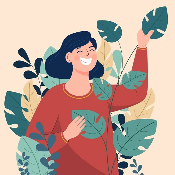 緑と黄色の葉の中に立つ幸せな女性キャラクターの肖像画背景 — ストックベクタ