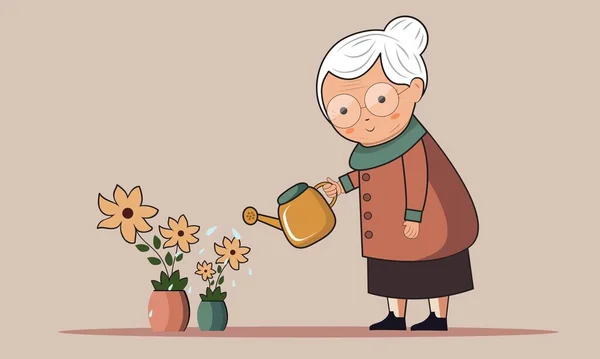 Starsza Kobieta Charakter Nalanie Wody Sadzenia Puszki Brzoskwiniowy Tle — Wektor stockowy
