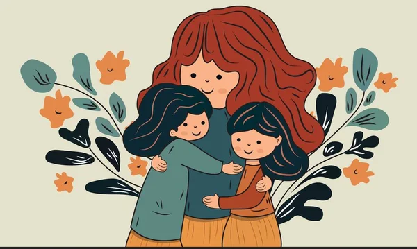 Personagem Jovem Mulher Abraçando Seus Filhos Bonitos Fundo Decorado Floral —  Vetores de Stock
