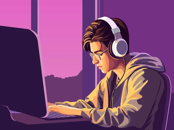 Ragazzo Adolescente Che Indossa Cuffie Utilizzando Computer Sul Posto Lavoro — Vettoriale Stock