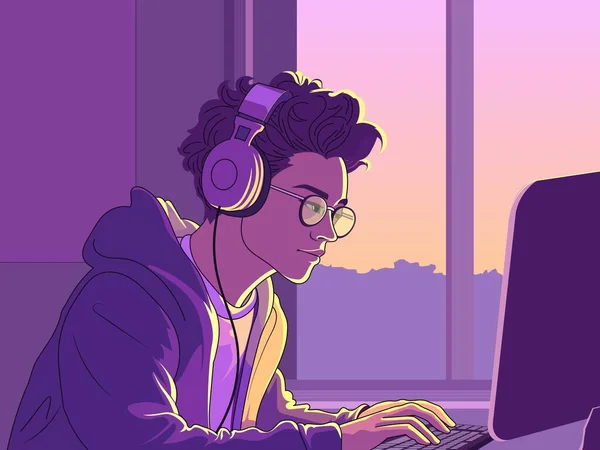 Teenager Junge Trägt Kopfhörer Und Benutzt Computer Arbeitsplatz Innenansicht — Stockvektor