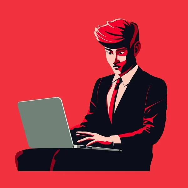 Üzletember Karakter Laptop Használata Piros Háttér — Stock Vector