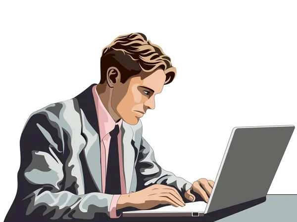 Illusztrációja Üzletember Karakter Segítségével Laptop Íróasztal Fehér Háttér — Stock Vector