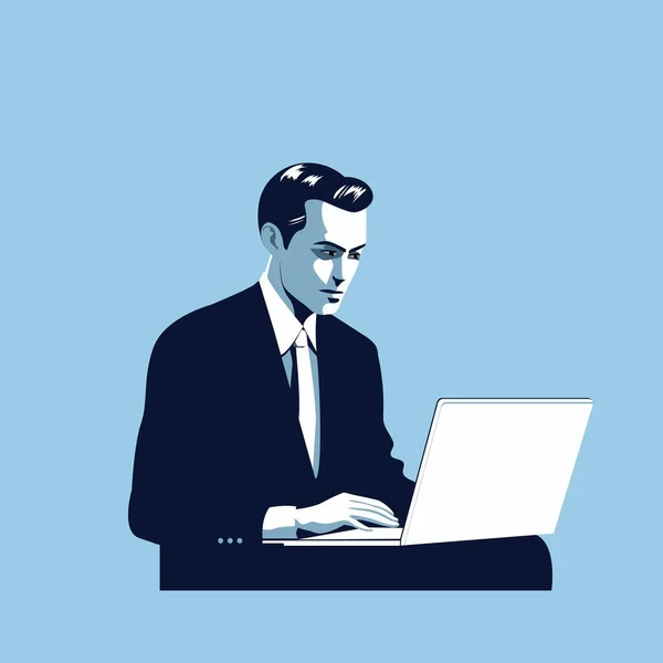 Характер Ділової Людини Працює Ноутбуком Стенді Сайті Turquoise Background — стоковий вектор
