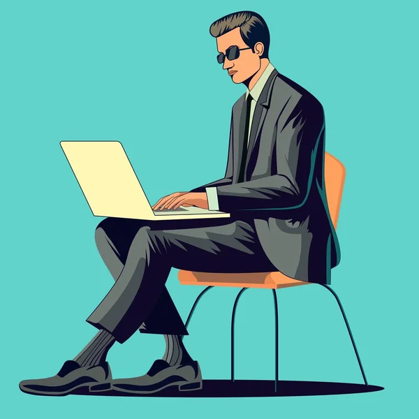 Fešák Obchodní Muž Pracuje Notebooku Tím Sedí Židli Tyrkysovém Pozadí — Stockový vektor