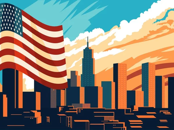 蓝色和橙色天空背景下的城市摩天大楼的美国国旗飘扬 美国国庆横幅设计 — 图库矢量图片