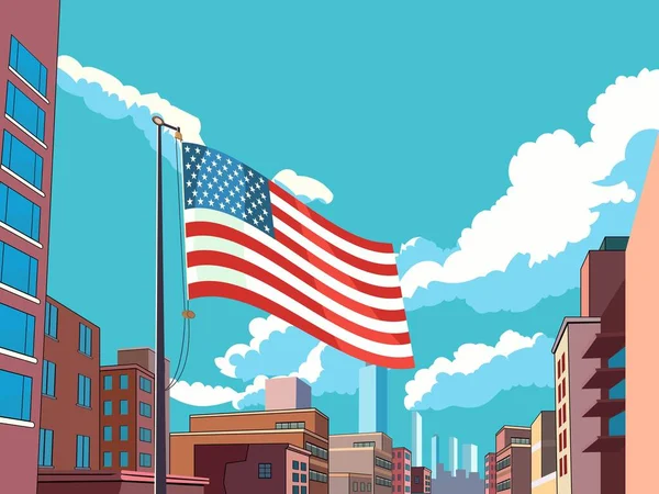 Bandiera Americana Sventola Con Grattacielo Costruzione Della Città Cielo Blu — Vettoriale Stock