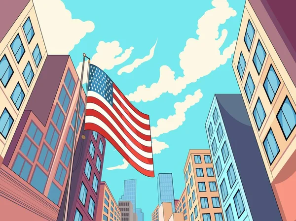 Low Angle View American Flag Waving Skyscraper Building City Blue — Stockvector