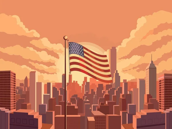 スカイスクレーパービルディングを持つアメリカの旗の波日没の背景に街の眺め アメリカ全国フェスティバルお祝い バナーデザイン — ストックベクタ