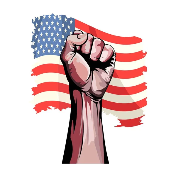在美国国旗背景下孤立地举起人类的拳头进行反抗 维护信仰 战斗和正义 — 图库矢量图片