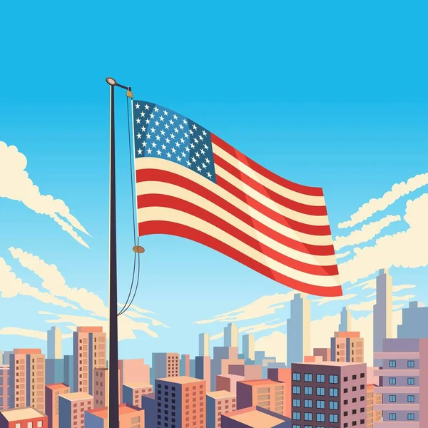 在蓝天视图中 美国国旗与城市摩天大楼一起飘扬 美国国庆海报设计 — 图库矢量图片