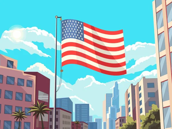 Bandera Americana Ondeando Con Rascacielos Vista Ciudad Sobre Fondo Azul — Archivo Imágenes Vectoriales