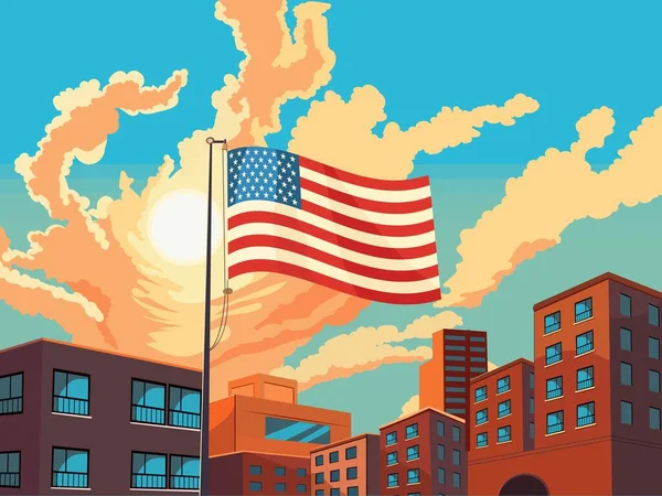 American Flag Waving Skyscraper Building City Bright Sun Sky Blue — Image vectorielle