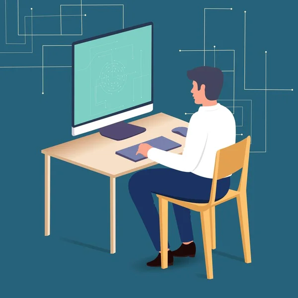 Grafik Tasarımcı Karakteri Şyerinde Bilgisayar Teal Blue Arkaplanı Üzerinde Çalışıyor — Stok Vektör