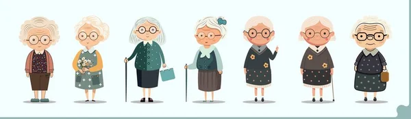 一组站立时戴眼镜的老年妇女角色 — 图库矢量图片