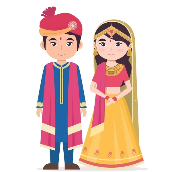 Casal Casamento Bonito Personagem Vestindo Traje Tradicional Pose — Vetor de Stock