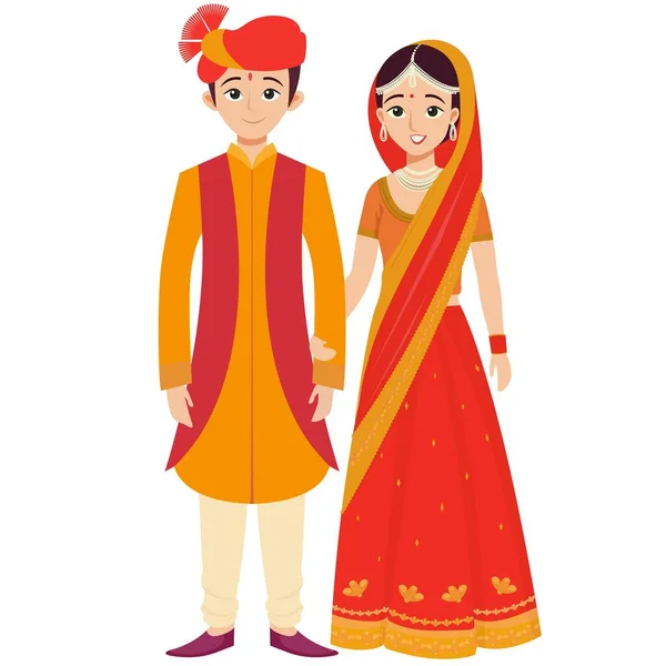Beautiful Wedding Couple Character Wearing Traditional Attire Standing Pose — Stock Vector