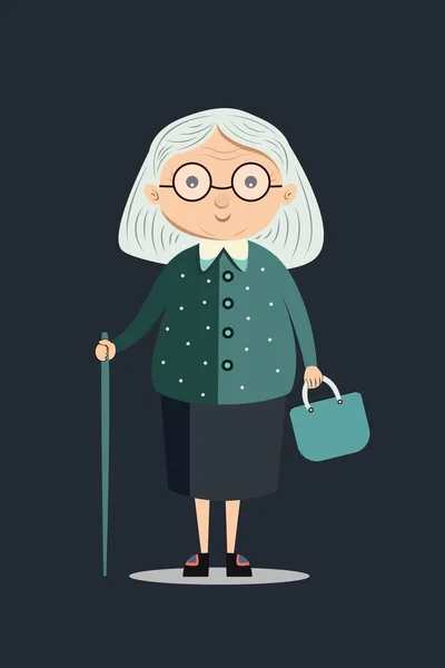 老年妇女背着袋子站在蓝色的背景上走路 — 图库矢量图片