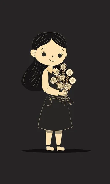 Vector Young Girl Character Holding Flower Bouquet Standing Position — Stock Vector