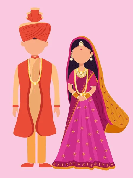 Casamento Sem Rosto Personagem Casal Vestindo Vestido Tradicional Pose — Vetor de Stock