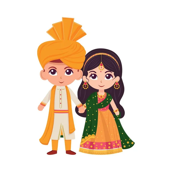 Roztomilé Indické Svatební Pár Postava Nosit Tradiční Oblečení Stoje — Stockový vektor