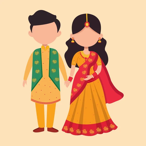 Πρόσωπο Ινδικό Γάμο Ζευγάρι Χαρακτήρας Φορώντας Παραδοσιακή Ενδυμασία Και Στέκεται — Διανυσματικό Αρχείο