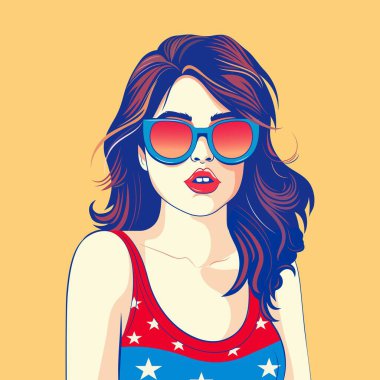 Moda Genç Kız Sarı Arkaplanda Güneş Gözlüğü ve Amerikan Bayrağı Giyiyor.