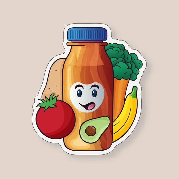 Nálepka Styl Karikatura Zelenina Ovocem Ingredience Produkt Láhev Béžové Pozadí — Stockový vektor