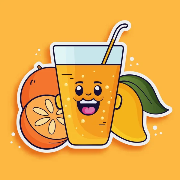 Sticker Style Oranje Met Mango Juice Glass Cartoon Chroom Gele — Stockvector
