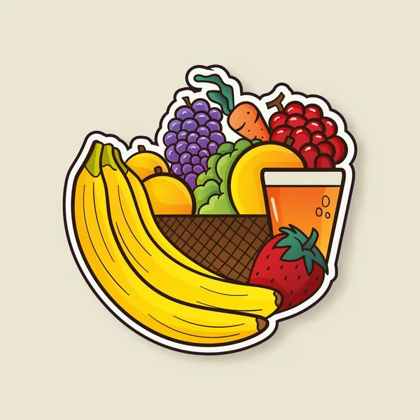 Sticker Style Big Fruits Bowl Juice Glass Isolated Beige Background — Stock Vector