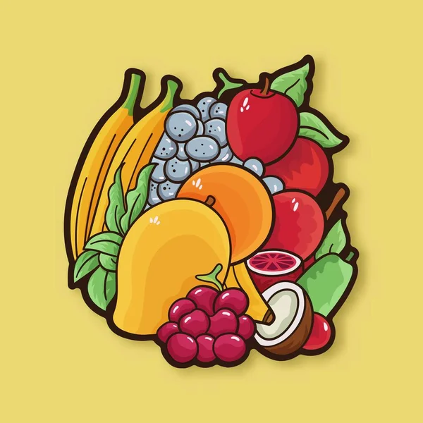 Sticker Style Bouquet Fruits Frais Sur Fond Jaune — Image vectorielle