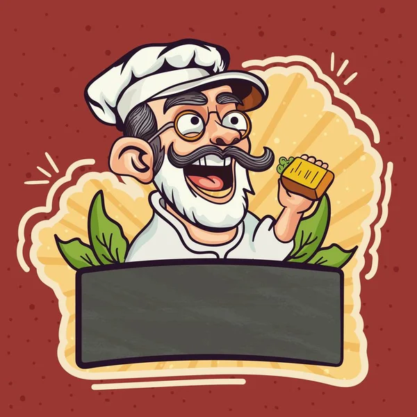 漫画招贴画或贴纸设计与快乐的老年厨师角色持有奶酪和空板 — 图库矢量图片