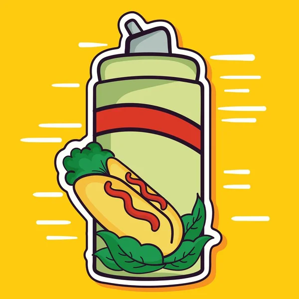 黄色背景下的粘贴式热狗和酱汁瓶图标 — 图库矢量图片