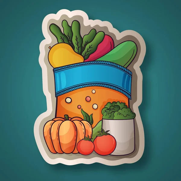 Sticker Style Verse Groenten Fruit Boodschappentas Teal Achtergrond — Stockvector