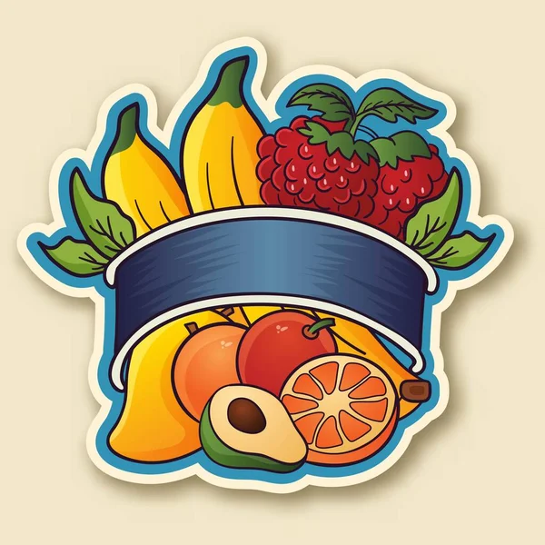Healthy Food Sticker Label Fresh Fruits Bunch Beige Background — Stock Vector