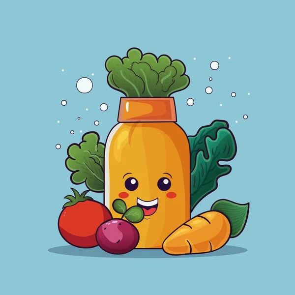 Samolepky Styl Zeleninové Ingredience Product Bottle Cartoon Maskot Modrém Pozadí — Stockový vektor