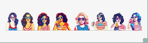 アメリカの祭典のお祝いのためにサングラスとドリンクグラスを身に着けているスタイリッシュなアメリカの女の子のキャラクターのセットお祝いのコンセプト — ストックベクタ